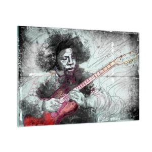 Cuadro sobre vidrio - Impresiones sobre Vidrio - Retrato artístico de un músico con una guitarra eléctrica. - 100x70cm - Volando con la música - Decoración de pared moderna para salón y dormitorio ARTTOR