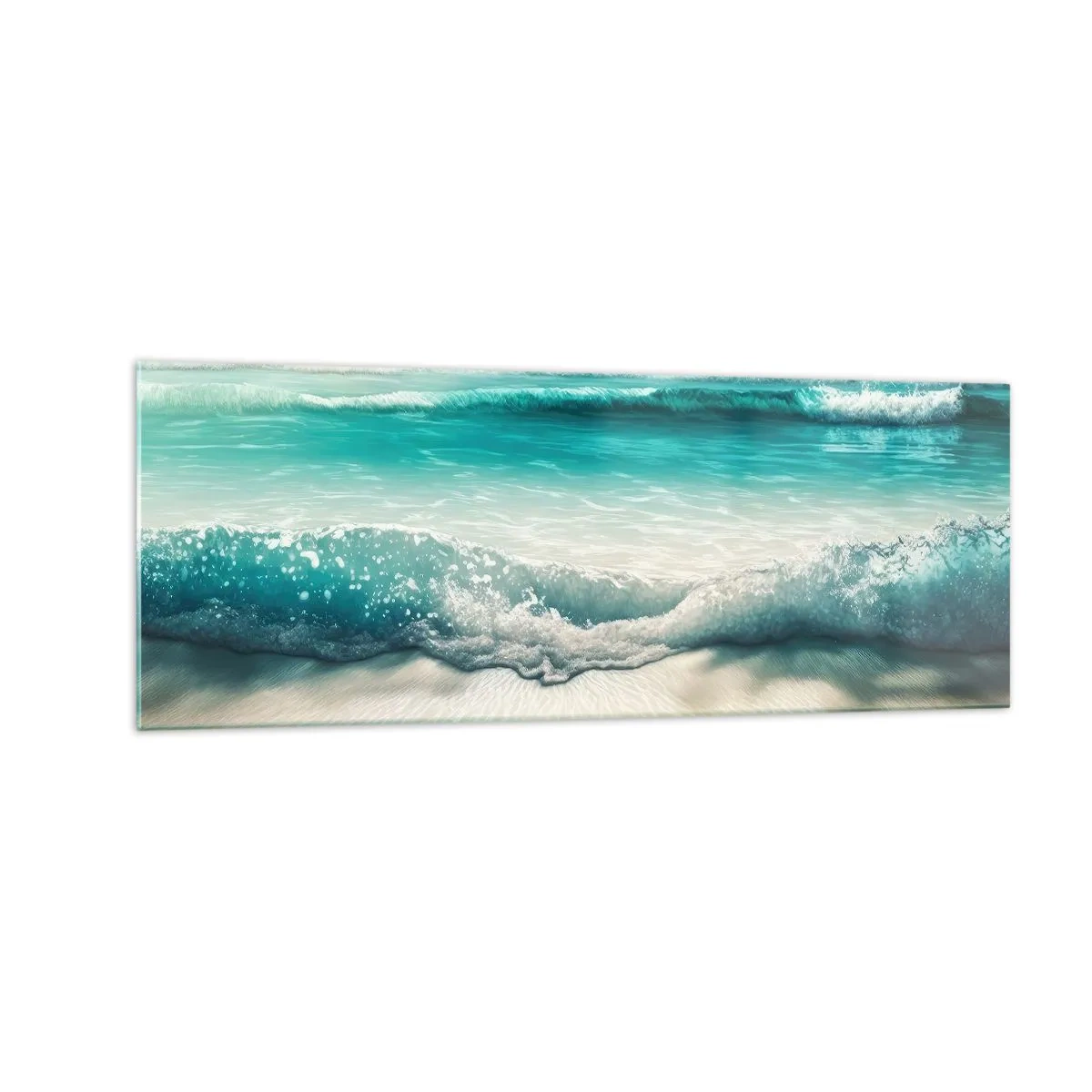 Cuadro sobre vidrio - Impresiones sobre Vidrio - Olas del océano en una playa de arena clara - 140x50cm - Calma oceánica - Decoración de pared moderna para salón y dormitorio ARTTOR
