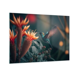 Cuadro sobre vidrio - Impresiones sobre Vidrio - Un colibrí vuela sobre flores exóticas entre las hojas. - 70x50cm - Una vida verdaderamente colorida - Decoración de pared moderna para salón y dormitorio ARTTOR