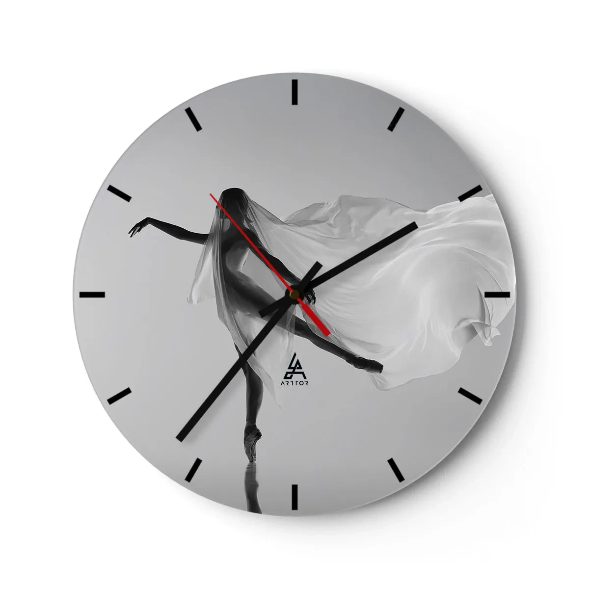 Reloj de pared - Reloj de vidrio - Una bailarina en movimiento, envuelta en una tela vaporosa sobre un fondo gris. - 30x30cm - Ligereza y gracia - Decoración de pared moderna para salón, cocina y dormitorio ARTTOR