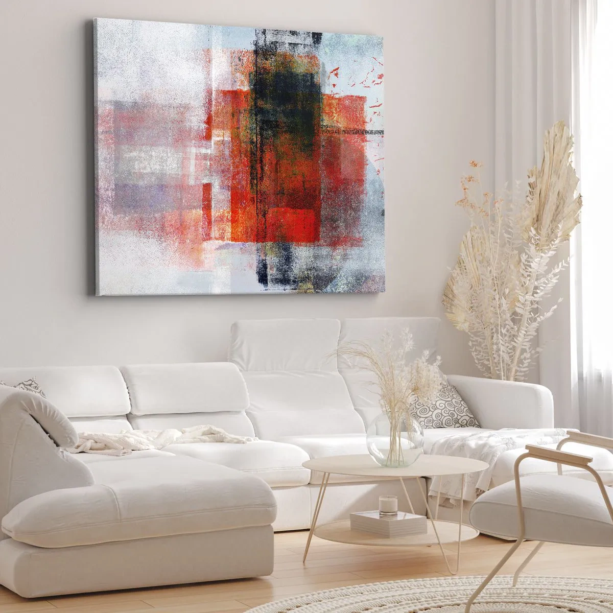 Cuadro sobre lienzo - Impresión de Imagen - Composición geométrica abstracta con acentos rojos y naranjas. - 100x70cm - Composición brillante - Decoración de pared moderna para salón y dormitorio ARTTOR