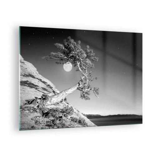 Cuadro sobre vidrio - Impresiones sobre Vidrio - Un árbol inclinado en una ladera con la luna al fondo. - 70x50cm - Un guerrero victorioso - Decoración de pared moderna para salón y dormitorio ARTTOR