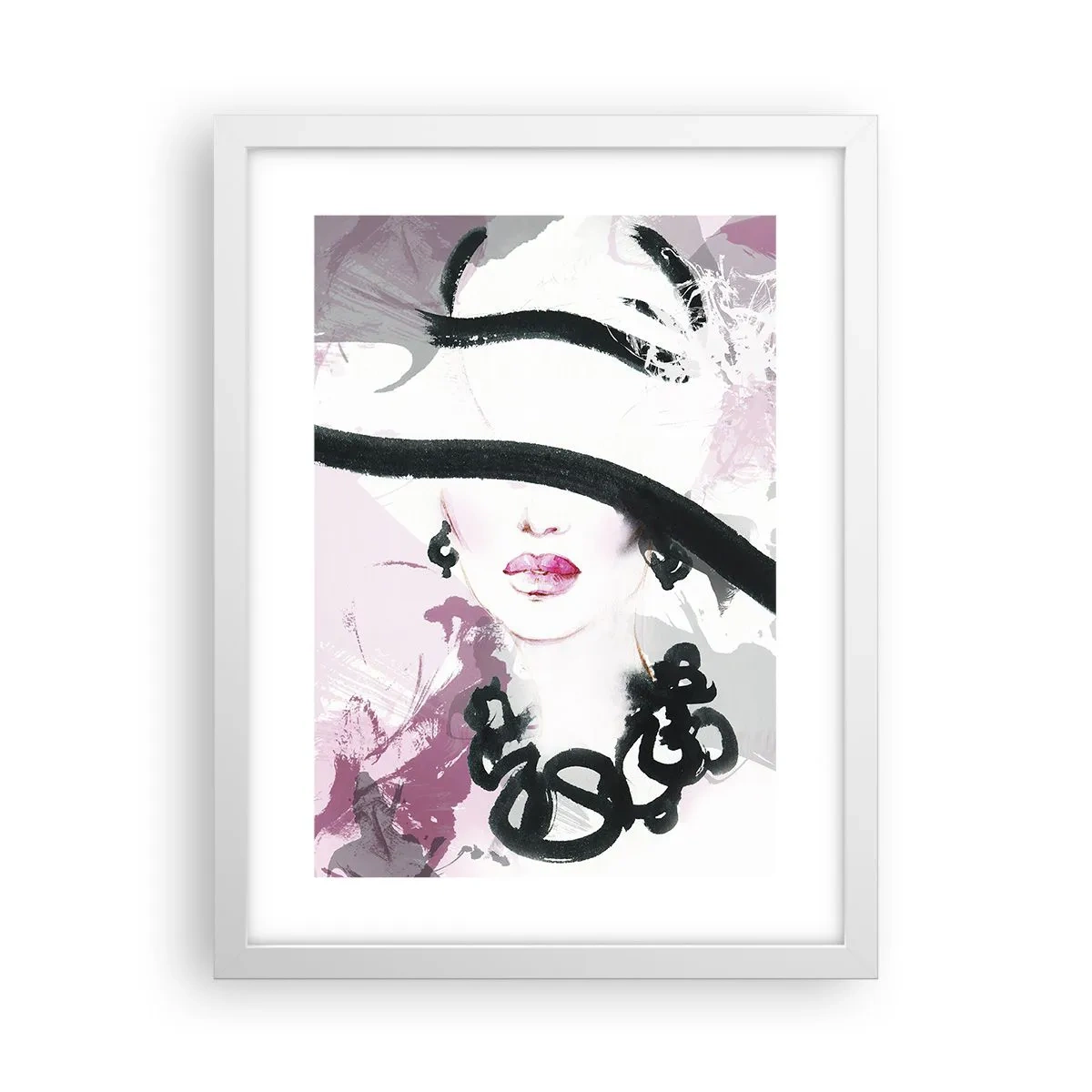 Póster en marco blanco - Retrato de una dama en negro y rosa - 30x40 cm