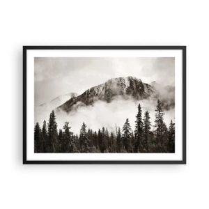 Póster en marco negro - Un pintoresco pico de montaña rodeado de niebla y un bosque en tonos sepia. - 70x50cm - Gobernante de granito - Decoración de pared moderna para salón y dormitorio ARTTOR