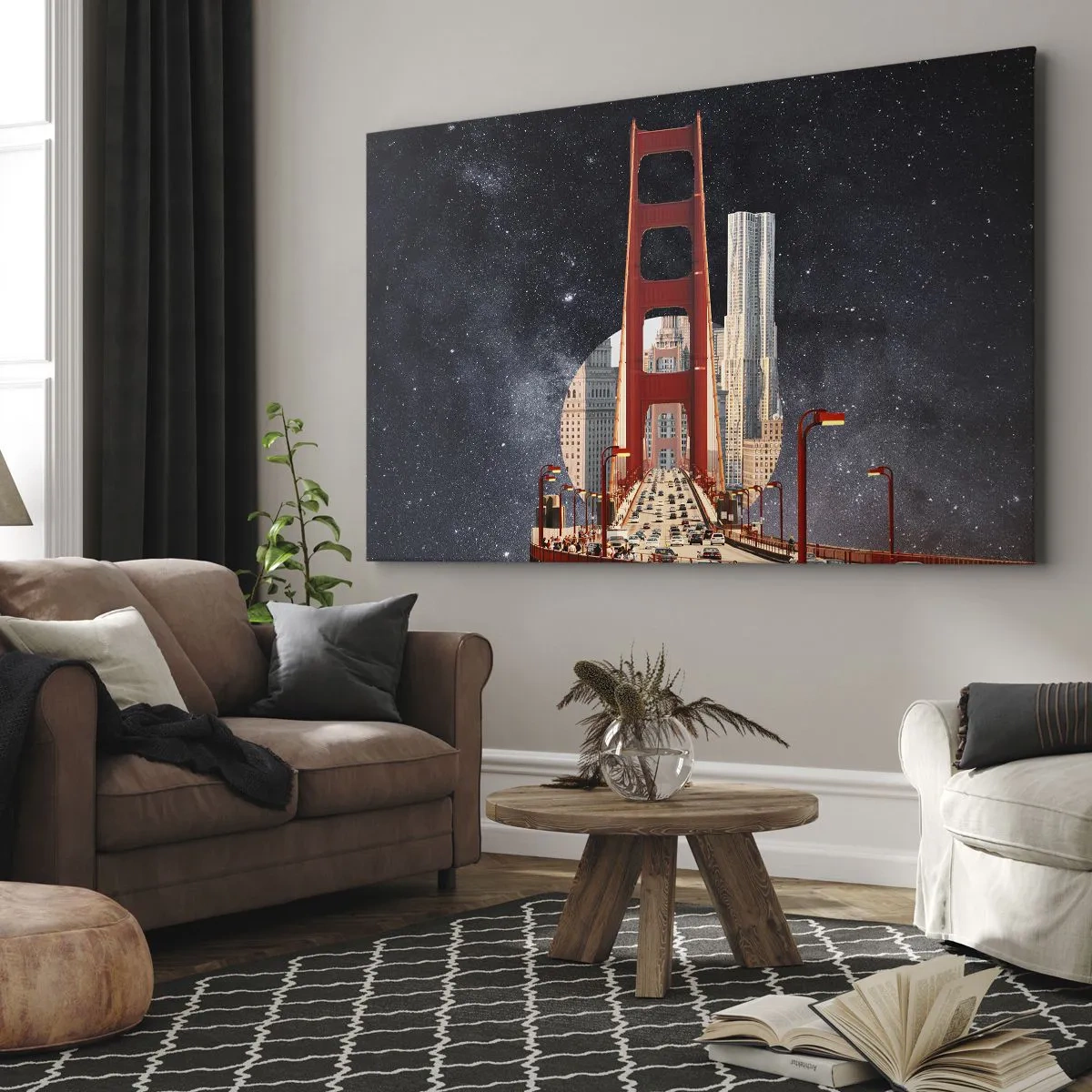 Cuadro sobre lienzo - Impresión de Imagen - El puente Golden Gate con la ciudad al fondo contra un cielo estrellado - 120x80cm - Siempre en el centro - Decoración de pared moderna para salón y dormitorio ARTTOR