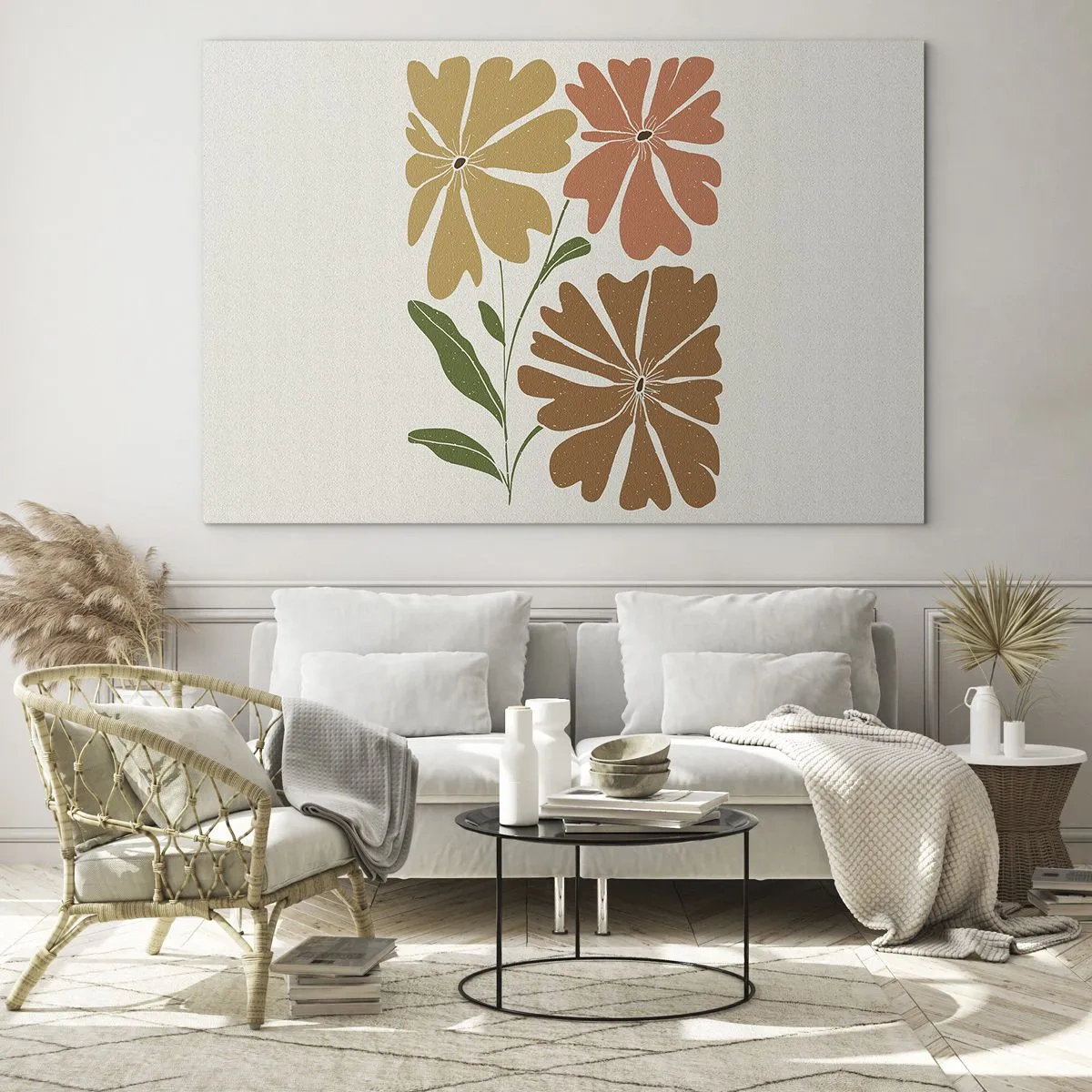 Cuadro sobre vidrio - Impresiones sobre Vidrio - Tres flores estilizadas en colores cálidos sobre un fondo claro. - 100x70cm - Naturaleza y geometría - Decoración de pared moderna para salón y dormitorio ARTTOR