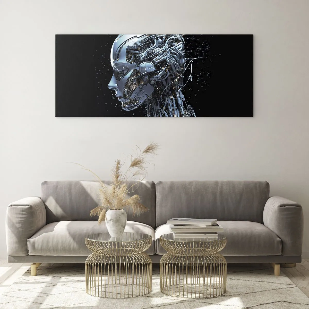 Cuadro sobre vidrio - Impresiones sobre Vidrio - Retrato futurista de un cyborg en estilo industrial sobre fondo negro. - 120x50cm - La tecnología es una mujer - Decoración de pared moderna para salón y dormitorio ARTTOR