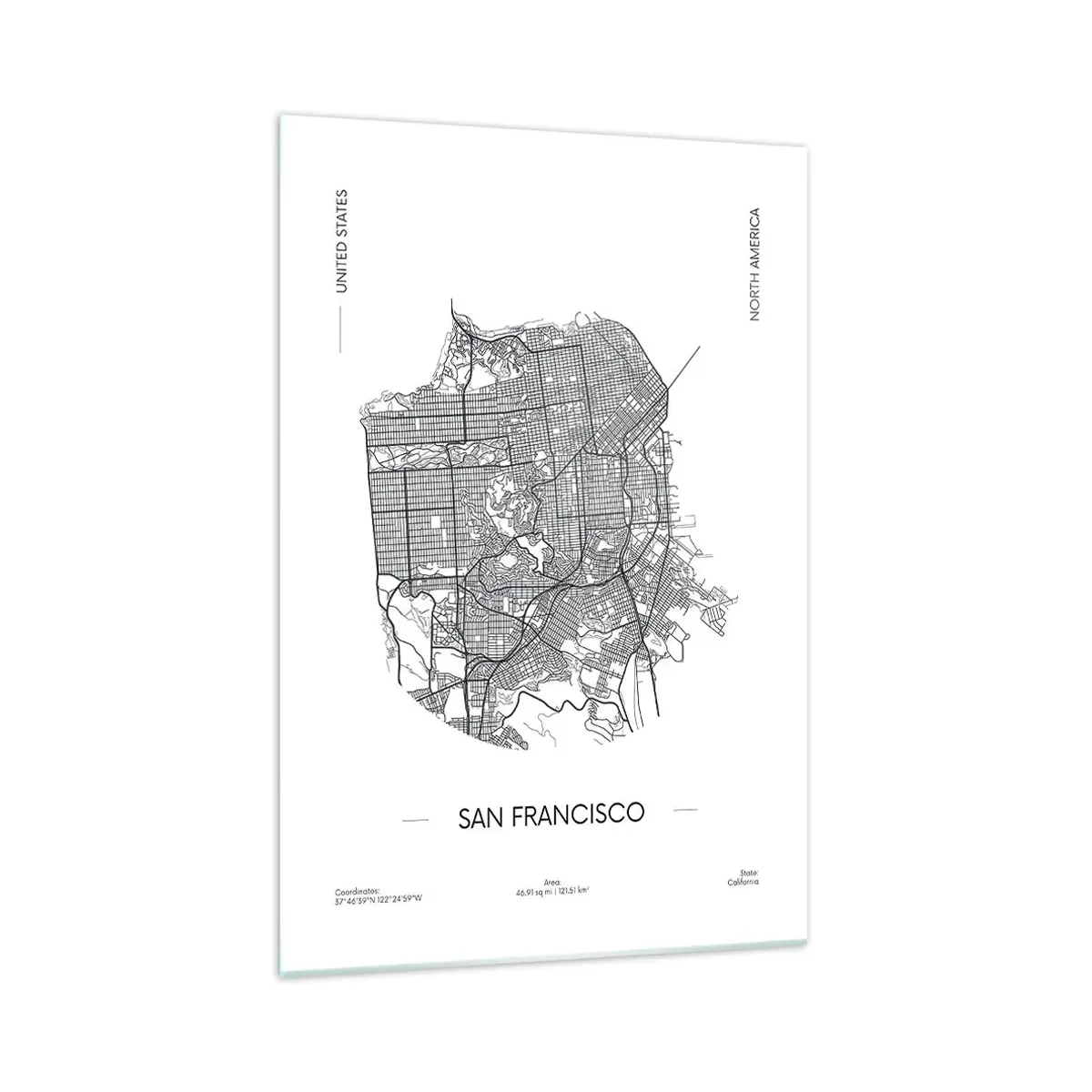 Cuadro sobre vidrio - Impresiones sobre Vidrio - Un mapa de San Francisco en un estilo minimalista en blanco y negro. - 70x100cm - Anatomía de San Francisco - Decoración de pared moderna para salón y dormitorio ARTTOR