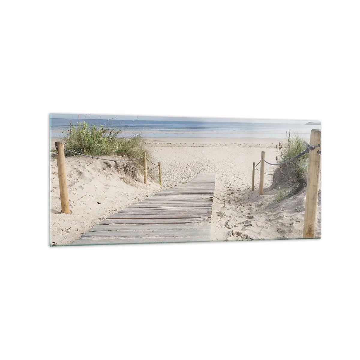 Cuadro sobre vidrio - Impresiones sobre Vidrio - Un camino de tablones que conduce a una playa de arena. - 120x50cm - Hasta el horizonte - Decoración de pared moderna para salón y dormitorio ARTTOR