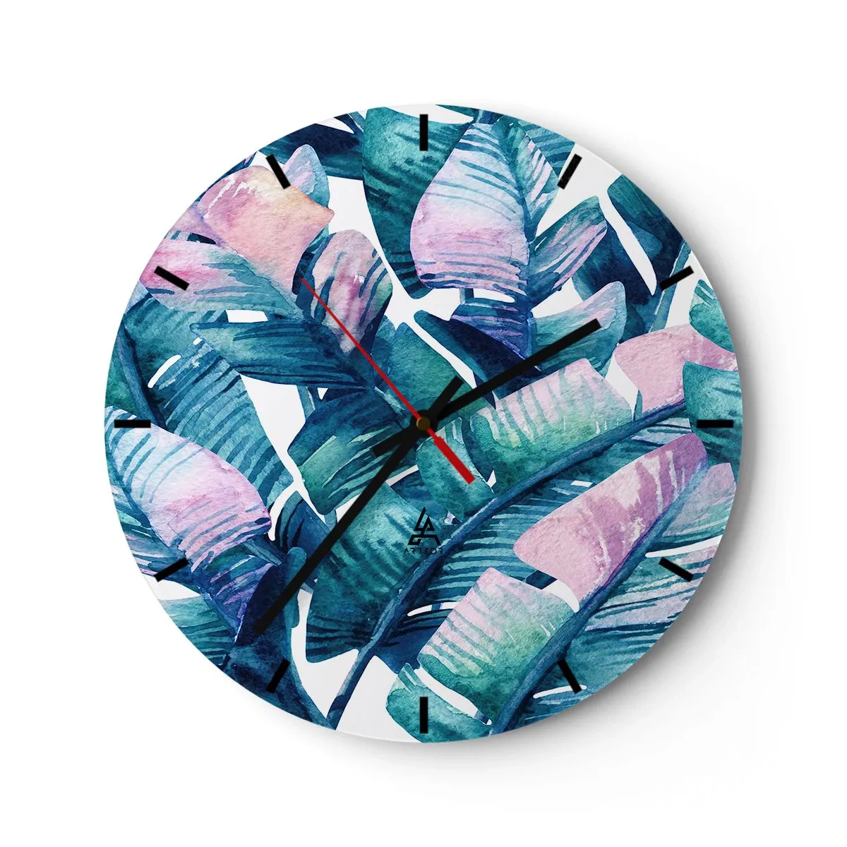 Reloj de pared - Reloj de vidrio - Hojas tropicales en tonos verdes y rosas. - 30x30cm - En una plantación de plátanos - Decoración de pared moderna para salón, cocina y dormitorio ARTTOR