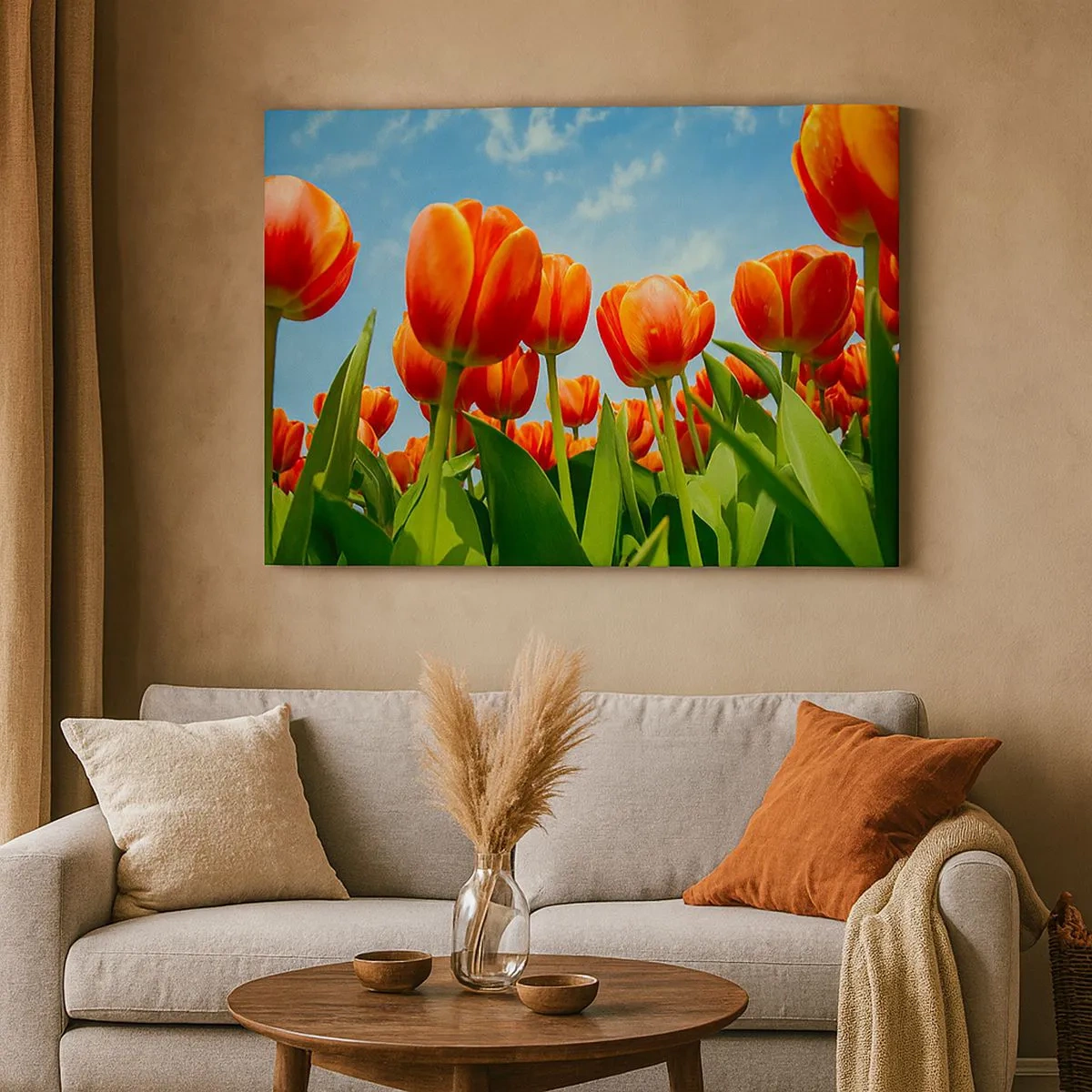 Cuadro sobre lienzo - Impresión de Imagen - Un campo de tulipanes rojos y naranjas contra un cielo azul. - 70x50cm - Excepto el cielo azul no necesitan nada en la vida - Decoración de pared moderna para salón y dormitorio ARTTOR