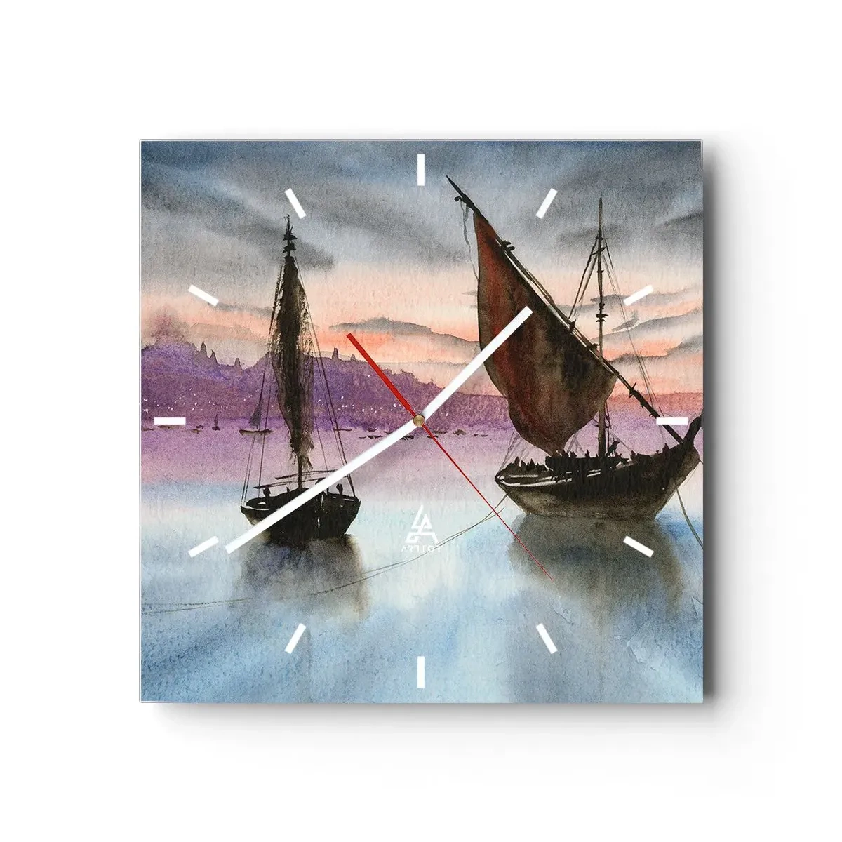 Reloj de pared - Reloj de vidrio - Dos veleros amarrados en aguas tranquilas al anochecer - 30x30cm - Atardecer en el puerto - Decoración de pared moderna para salón y dormitorio ARTTOR