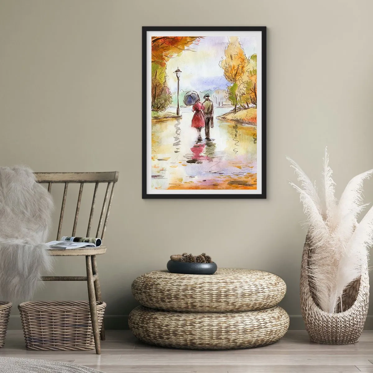 Póster en marco negro - Un paseo por el parque en otoño en estilo acuarela. - 50x70cm - Un otoño romántico en el parque - Decoración de pared moderna para salón y dormitorio ARTTOR