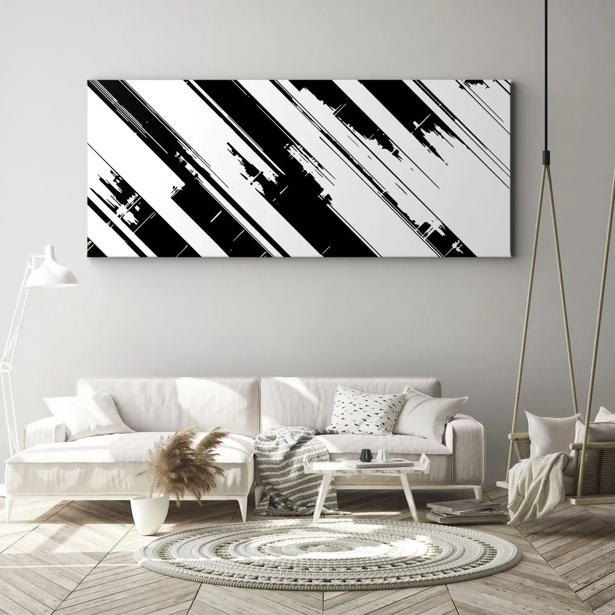 Cuadro sobre lienzo - Impresión de Imagen - Líneas blancas y negras y patrones geométricos en un estilo moderno. - 160x50cm - Composición intensa y dinámica - Decoración de pared moderna para salón y dormitorio ARTTOR