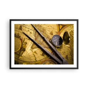 Póster en marco negro - Un mapa del mundo antiguo con una brújula y un par de brújulas en el fondo. - 70x50cm - ¿Dónde están los tesoros? - Decoración de pared moderna para salón y dormitorio ARTTOR