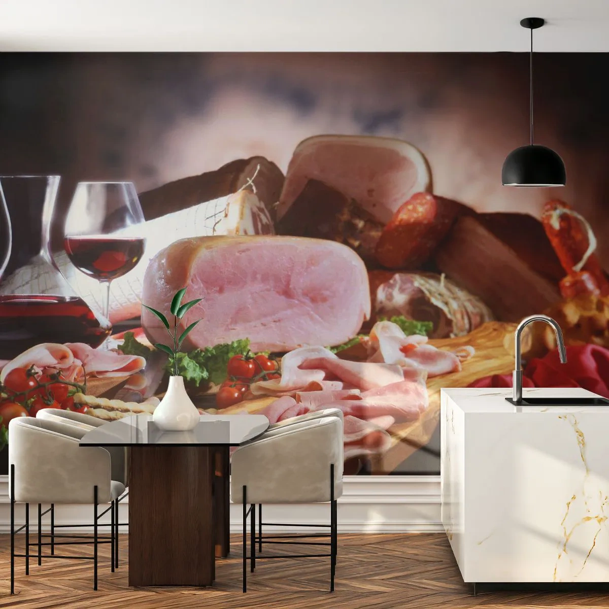 Fotomural Premium Sand - Embutidos tradicionales y una copa de vino tinto - 100x70cm - Un sueño culinario - Decoración de pared moderna para salón y dormitorio ARTTOR