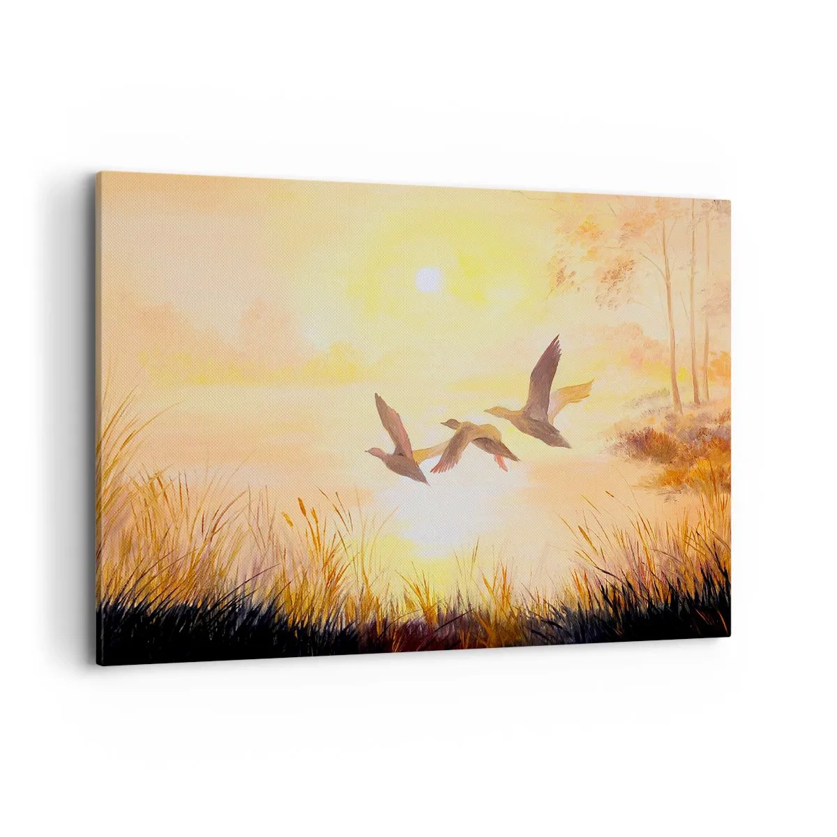 Cuadro sobre lienzo - Impresión de Imagen - Patos volando al amanecer sobre el lago - 120x80cm - El comienzo de un largo viaje - Decoración de pared moderna para salón y dormitorio ARTTOR