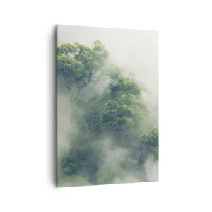 Cuadro sobre lienzo - Impresión de Imagen - Árboles verdes en una espesa niebla contra un fondo natural - 50x70cm - Envuelto en niebla - Decoración de pared moderna para salón y dormitorio ARTTOR