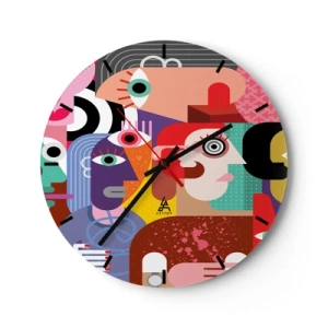 Reloj de pared - Reloj de vidrio - Abstracción colorida inspirada en el cubismo con siluetas de personas. - 30x30cm - Estilo Picasso - Decoración de pared moderna para salón, cocina y dormitorio ARTTOR