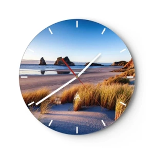 Reloj de pared - Reloj de vidrio - Playa de arena al atardecer con vistas a las rocas. - 30x30cm - Para buscadores de tranquilidad - Decoración de pared moderna para salón, cocina y dormitorio ARTTOR