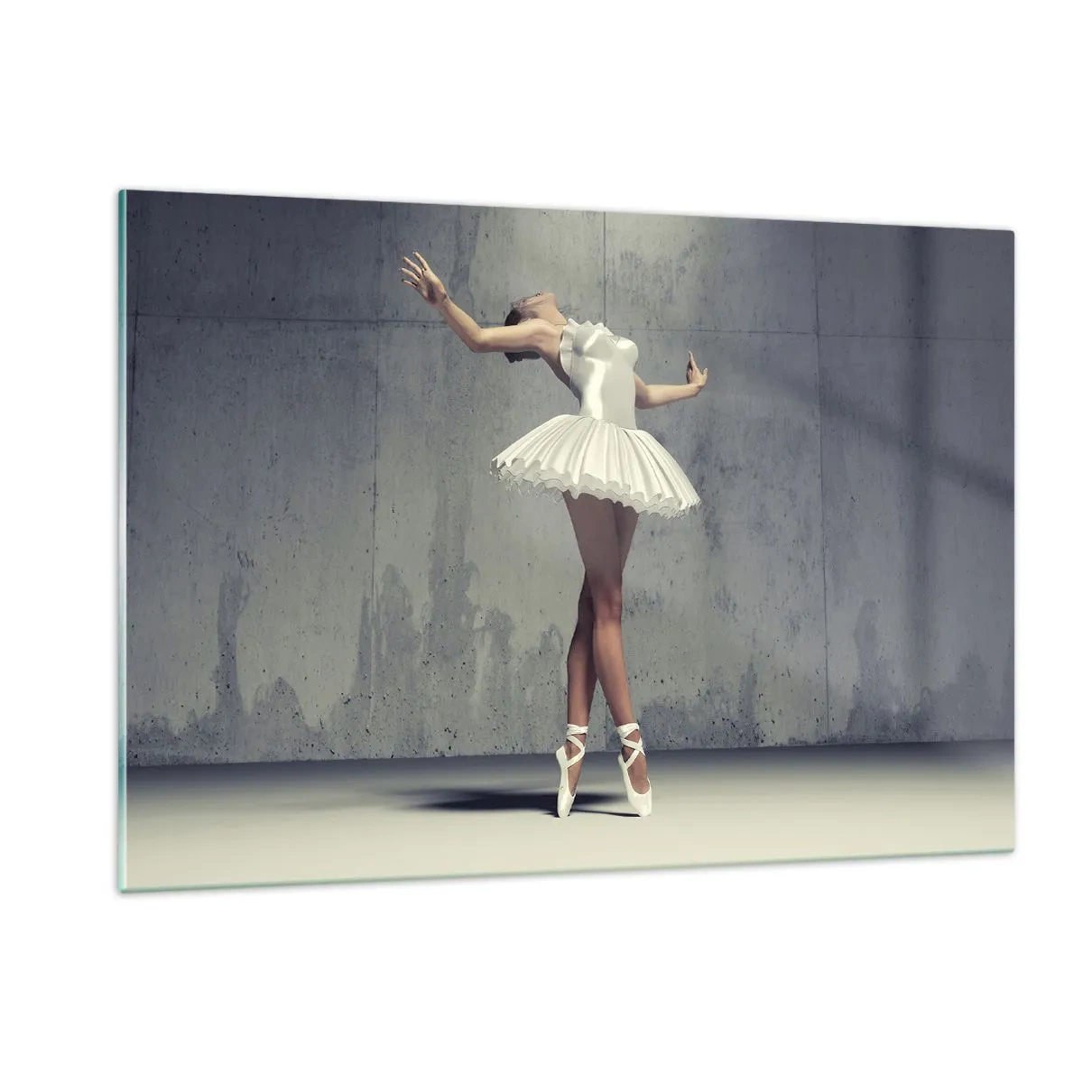 Cuadro sobre vidrio - Impresiones sobre Vidrio - Una bailarina con un vestido blanco frente a una pared sin rematar - 120x80cm - Ligero como un pájaro - Decoración de pared moderna para salón y dormitorio ARTTOR