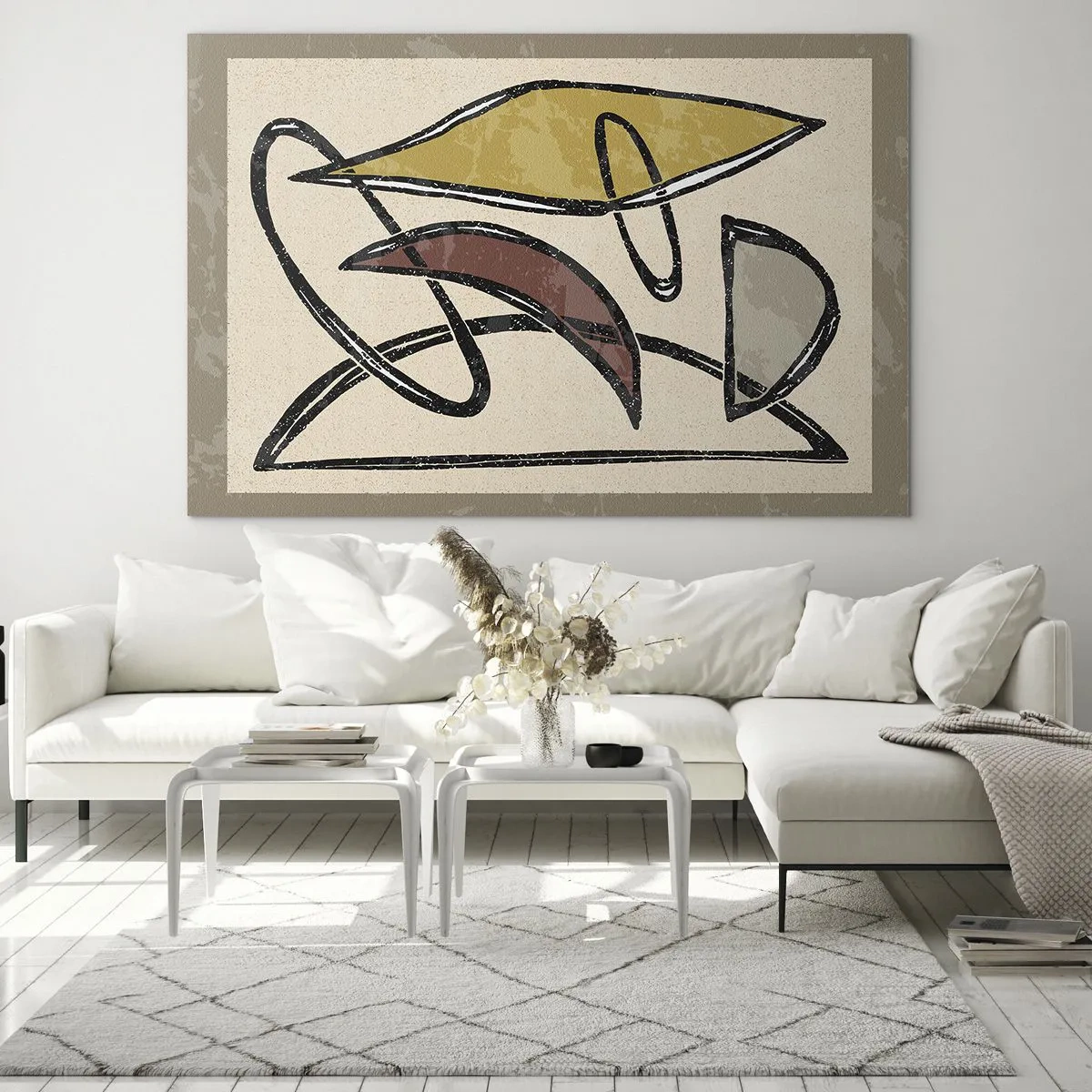 Cuadro sobre vidrio - Impresiones sobre Vidrio - Abstracción geométrica en amarillo y rojo. - 70x50cm - Verticales y niveles - Decoración de pared moderna para salón y dormitorio ARTTOR
