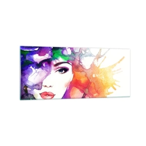 Cuadro sobre vidrio - Impresiones sobre Vidrio - Retrato de una mujer en colores de acuarela con manchas abstractas. - 120x50cm - Con la cabeza en las nubes - Decoración de pared moderna para salón y dormitorio ARTTOR