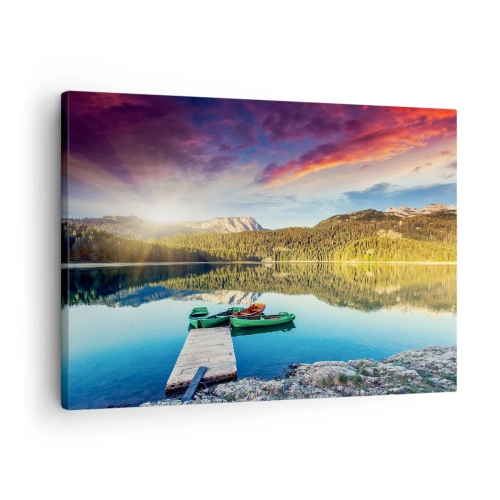 Cuadro sobre lienzo - Impresión de Imagen - Puesta de sol sobre el lago con barcos en el muelle - 70x50cm - Sobre el agua tan suave como un espejo - Decoración de pared moderna para salón y dormitorio ARTTOR