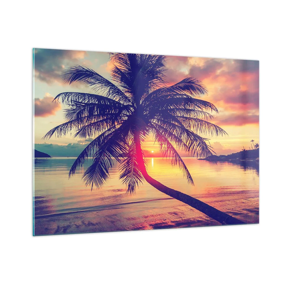 Cuadro sobre vidrio - Impresiones sobre Vidrio - Palmera al atardecer sobre un mar en calma - 100x70cm - Atardecer bajo las palmeras - Decoración de pared moderna para salón y dormitorio ARTTOR