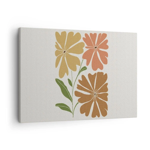 Cuadro sobre lienzo - Impresión de Imagen - Tres flores en colores cálidos sobre un fondo claro. - 70x50cm - Naturaleza y geometría - Decoración de pared moderna para salón y dormitorio ARTTOR