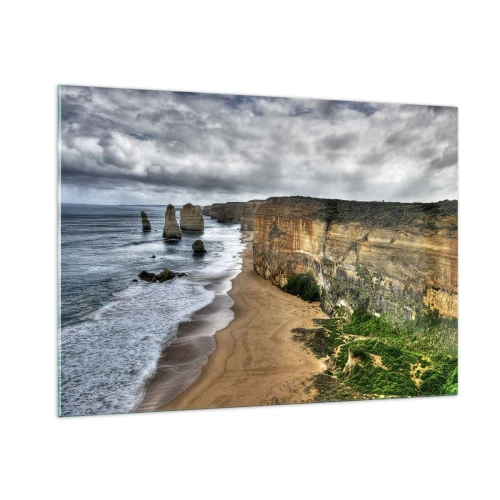 Cuadro sobre vidrio - Impresiones sobre Vidrio - Acantilados con vistas al océano y la playa bajo un cielo nublado - 100x70cm - Belleza en bruto - Decoración de pared moderna para salón y dormitorio ARTTOR