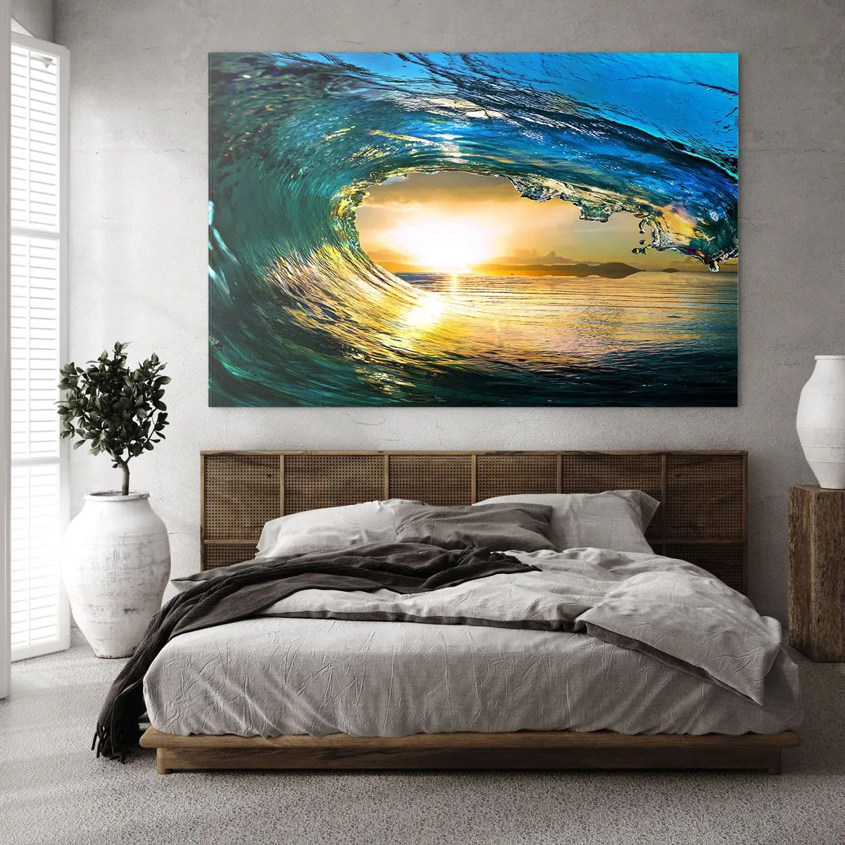 Cuadro sobre vidrio - Impresiones sobre Vidrio - Una ola del océano capturada a la luz del sol poniente. - 70x50cm - Ojo de esperanza - Decoración de pared moderna para salón y dormitorio ARTTOR