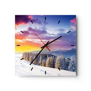 Reloj de pared - Reloj de vidrio - Paisaje invernal con montañas y bosque al atardecer - 30x30cm - Día blanco - Decoración de pared moderna para salón y dormitorio ARTTOR