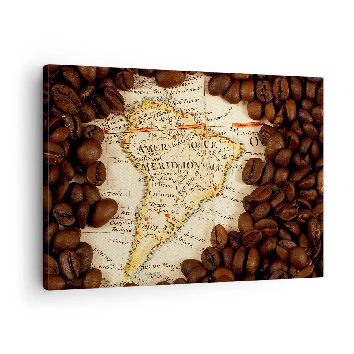 Cuadro sobre lienzo - Impresión de Imagen - Un mapa de Sudamérica rodeado de granos de café. - 70x50cm - ¿De dónde viene el mejor café? - Decoración de pared moderna para salón y dormitorio ARTTOR