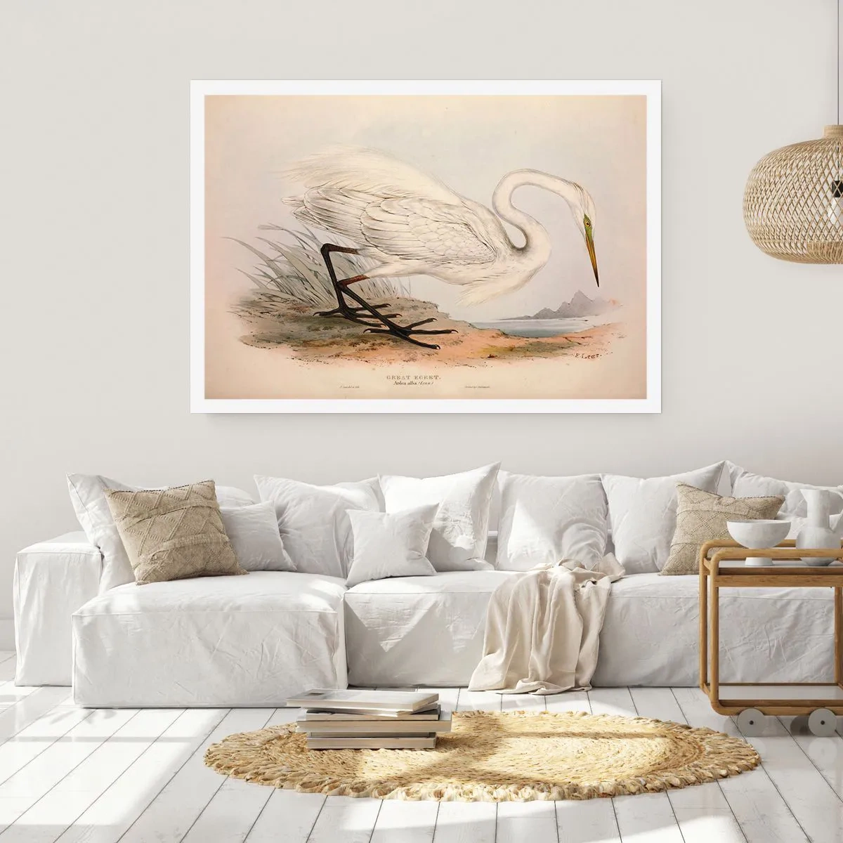 Póster - Dibujo de una garza blanca sobre un fondo de paisaje natural. - 100x70cm - Dama de los juncos - Decoración de pared moderna para salón y dormitorio ARTTOR