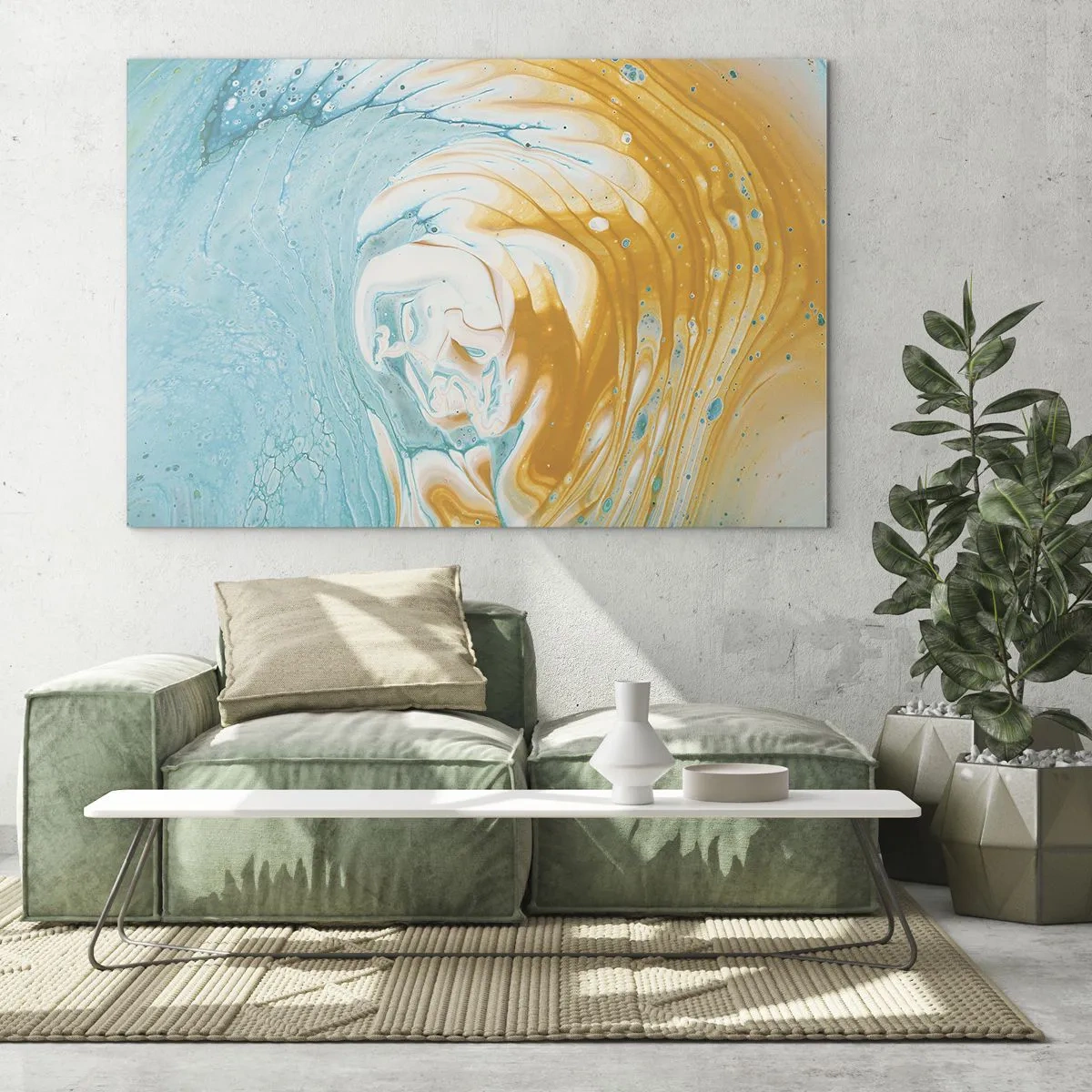 Cuadro sobre vidrio - Impresiones sobre Vidrio - Remolino pastel en colores azul y amarillo. - 70x50cm - Remolino pastel - Decoración de pared moderna para salón y dormitorio ARTTOR