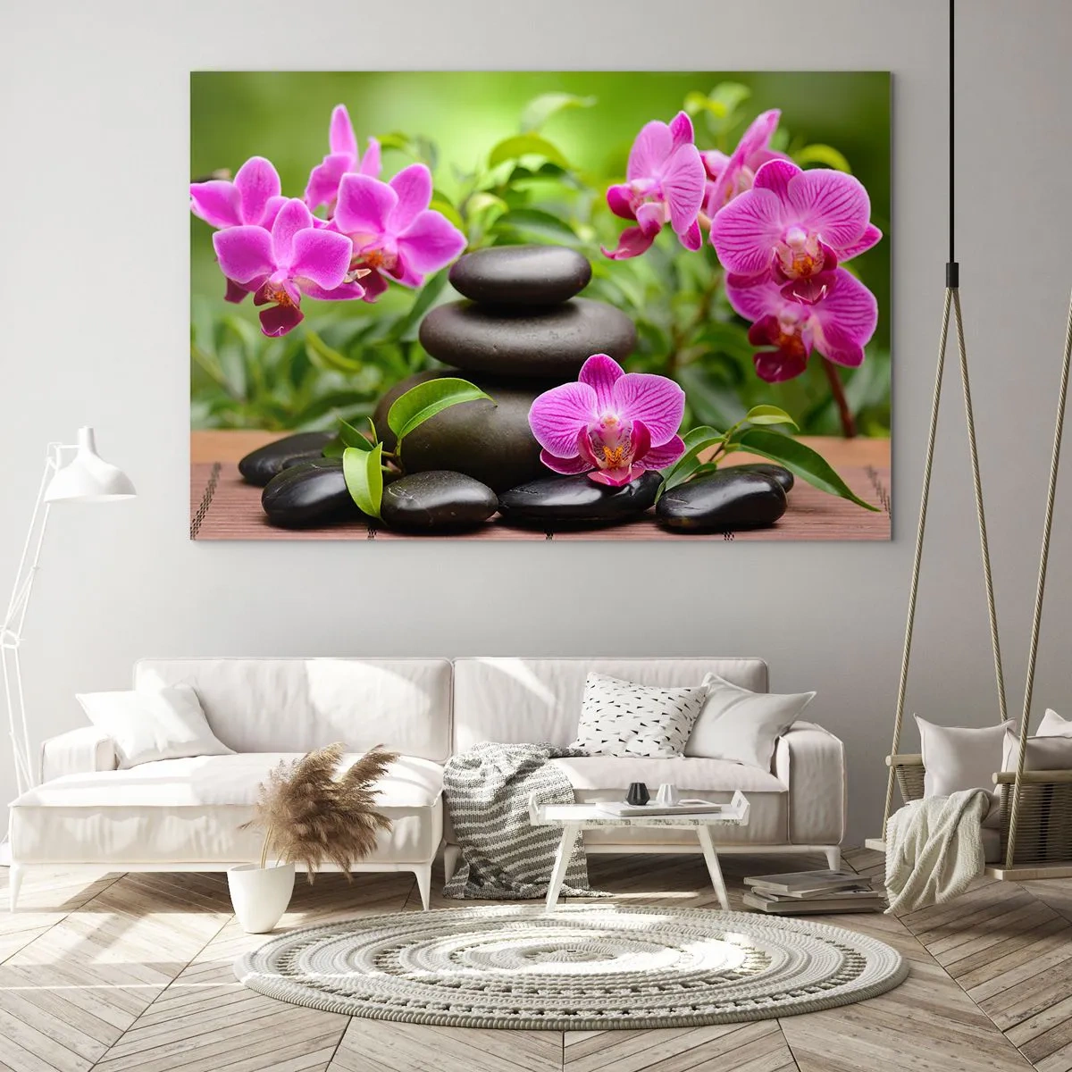 Cuadro sobre vidrio - Impresiones sobre Vidrio - Orquídeas rosas y piedras negras en un entorno tranquilo. - 70x50cm - Una pirámide de paz - Decoración de pared moderna para salón y dormitorio ARTTOR