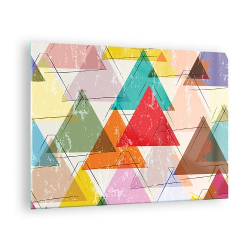 Cuadro sobre vidrio - Impresiones sobre Vidrio - Patrón abstracto de triángulos en diferentes colores. - 70x50cm - De tres en tres - Decoración de pared moderna para salón y dormitorio ARTTOR