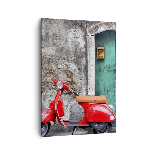 Cuadro sobre lienzo - Impresión de Imagen - Scooter rojo junto a la puerta verde - 50x70cm - Vacaciones en Italia - Decoración de pared moderna para salón y dormitorio ARTTOR