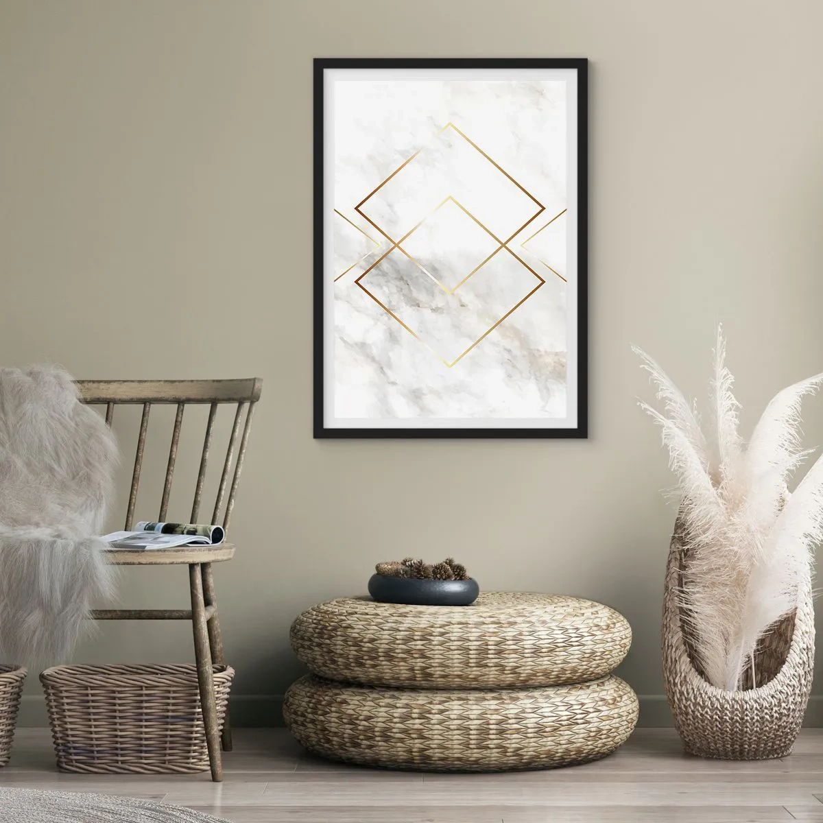 Póster en marco negro - Geometría en líneas doradas sobre un fondo de mármol. - 50x70cm - Una vista al infinito - Decoración de pared moderna para salón y dormitorio ARTTOR