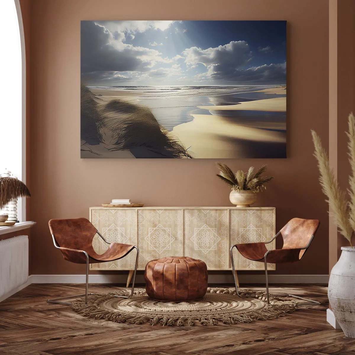 Cuadro sobre lienzo - Impresión de Imagen - Una playa salvaje con dunas y cielos azules. - 70x50cm - Playa, playa salvaje - Decoración de pared moderna para salón y dormitorio ARTTOR