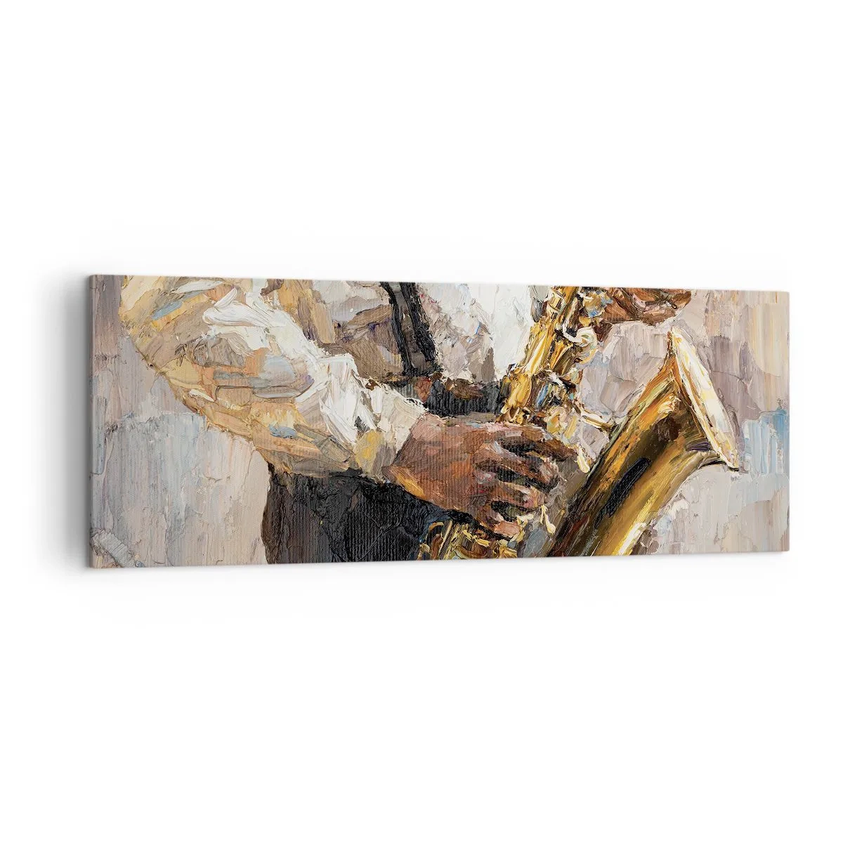 Cuadro sobre lienzo - Impresión de Imagen - Un músico tocando el saxofón con un estilo artístico. - 140x50cm - Llegó el momento del solo - Decoración de pared moderna para salón y dormitorio ARTTOR