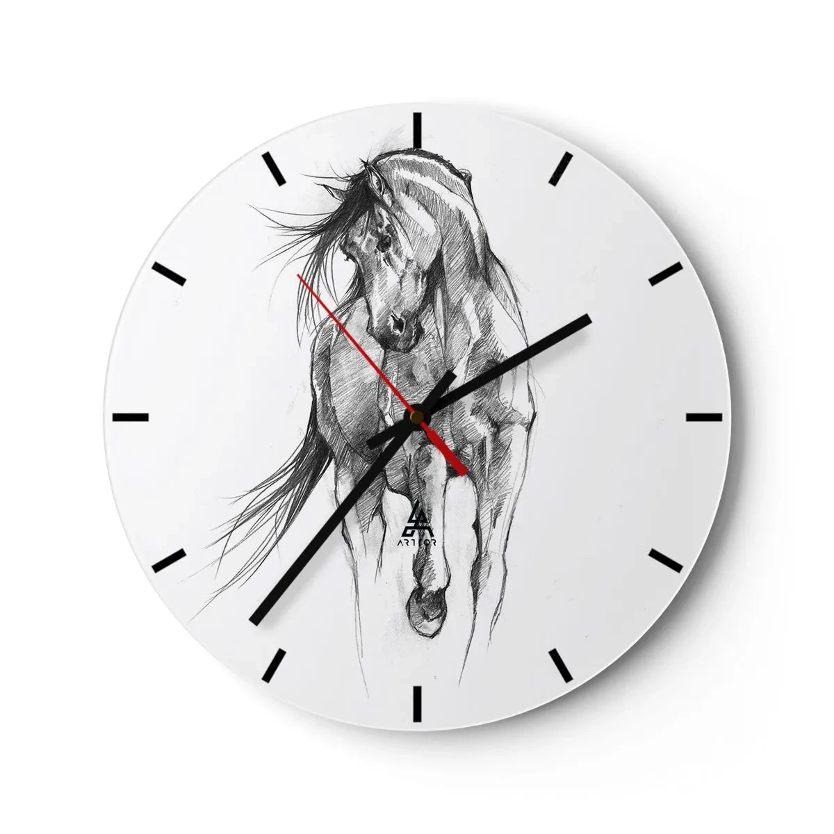 Reloj de pared - Reloj de vidrio - Un dibujo a lápiz de un caballo al galope sobre un fondo blanco. - 30x30cm - En un elegante trote - Decoración de pared moderna para salón, cocina y dormitorio ARTTOR