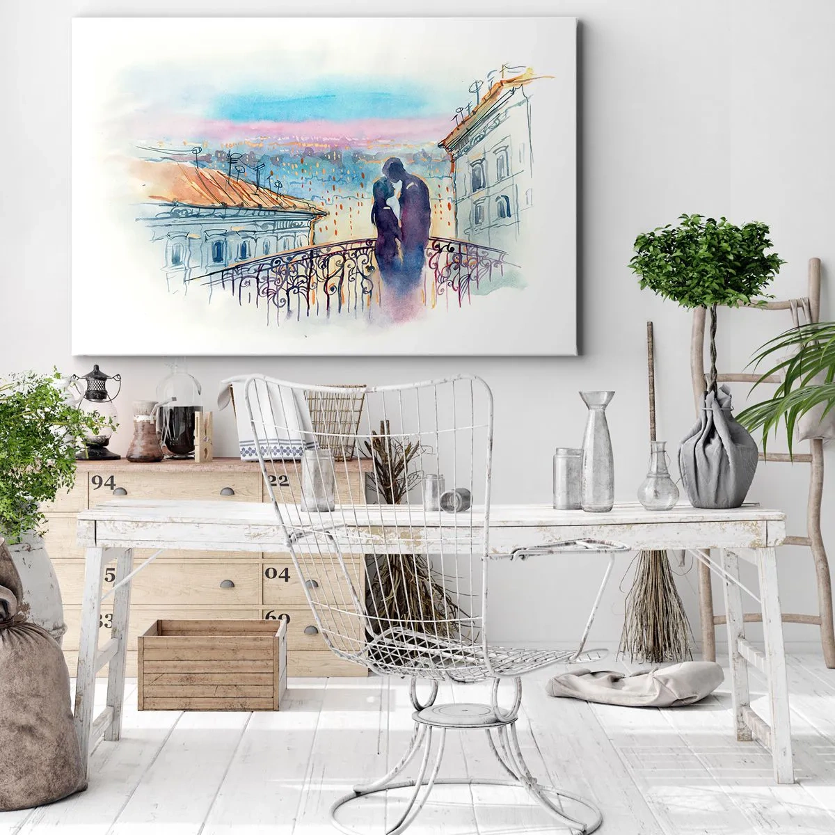Cuadro sobre lienzo - Impresión de Imagen - Pareja romántica en un balcón con vistas a la ciudad. - 70x50cm - Los amantes de París - Decoración de pared moderna para salón y dormitorio ARTTOR