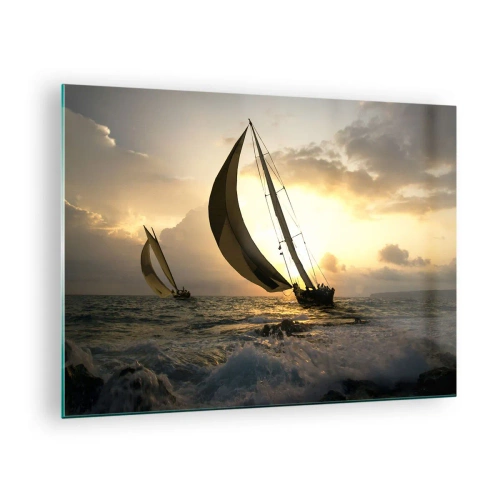 Cuadro sobre vidrio - Impresiones sobre Vidrio - Veleros en un mar tempestuoso durante la puesta de sol - 70x50cm - En contra y a favor del viento - Decoración de pared moderna para salón y dormitorio ARTTOR