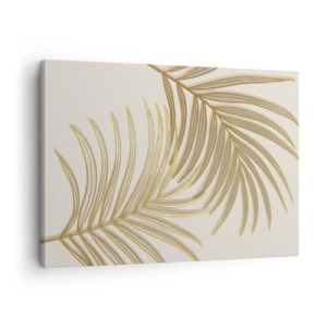 Cuadro sobre lienzo - Impresión de Imagen - Hojas de palma doradas sobre un fondo claro en estilo minimalista. - 70x50cm - Palma de Oro - Decoración de pared moderna para salón y dormitorio ARTTOR