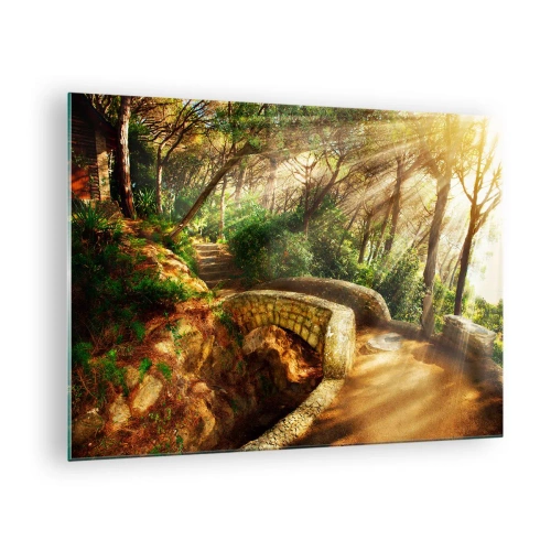 Cuadro sobre vidrio - Impresiones sobre Vidrio - Los rayos del sol iluminan el puente y el sendero del bosque. - 70x50cm - Directamente desde el puente hacia el bosque de las hadas - Decoración de pared moderna para salón y dormitorio ARTTOR