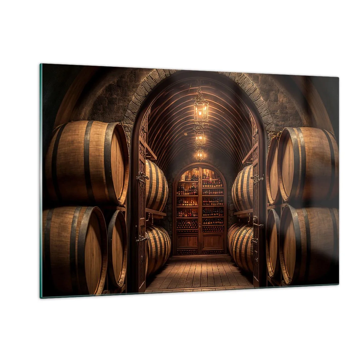 Cuadro sobre vidrio - Impresiones sobre Vidrio - Un viñedo con barricas y una bodega iluminada llena de botellas. - 120x80cm - Sótano atmosférico - Decoración de pared moderna para salón y dormitorio ARTTOR