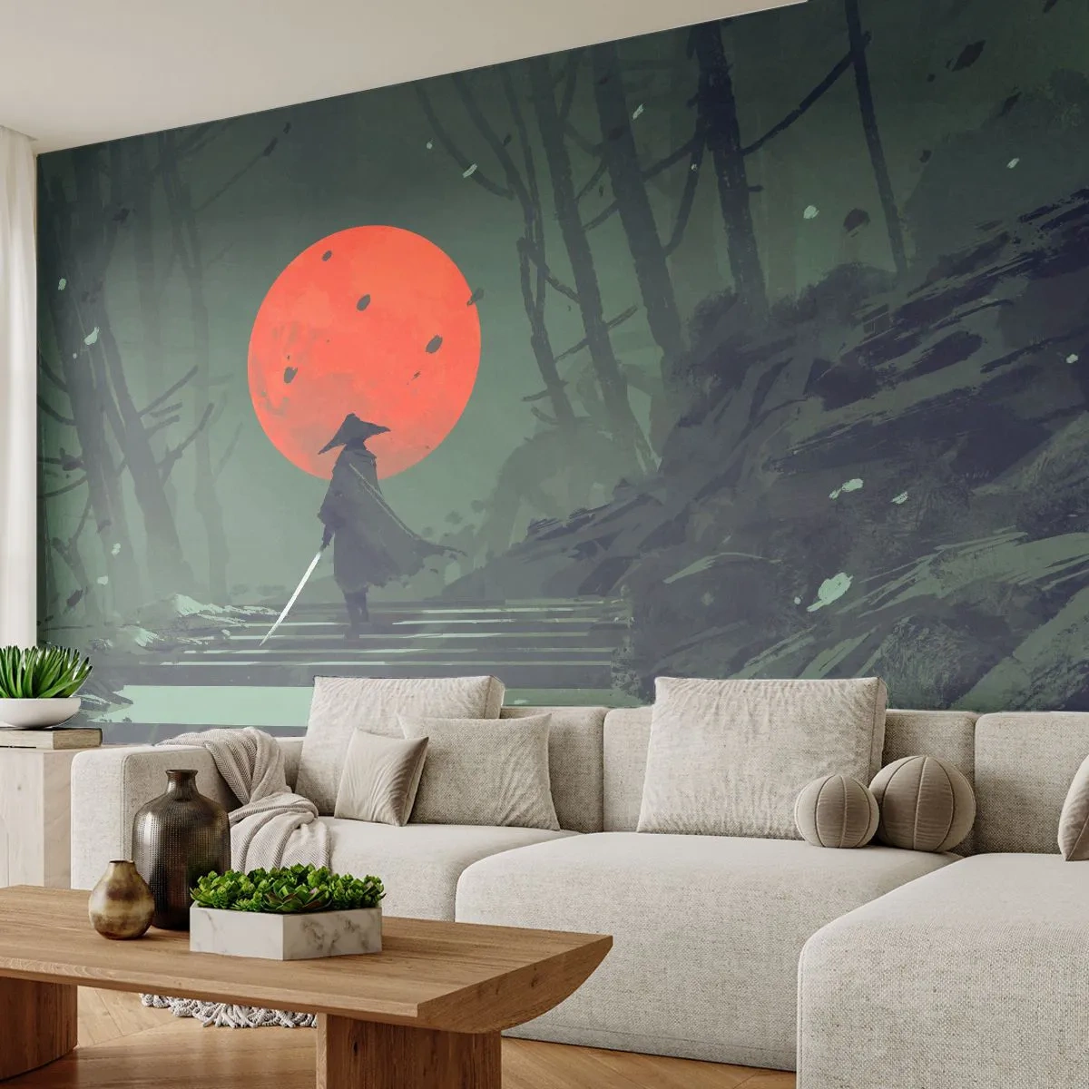 Fotomural Premium Sand - Un guerrero solitario en las escaleras de un bosque con una luna roja. - 100x70cm - Guerrero de la luna roja - Decoración de pared moderna para salón y dormitorio ARTTOR