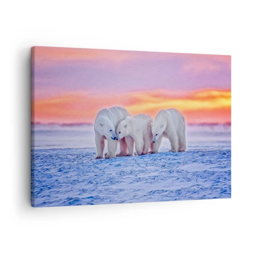 Cuadro sobre lienzo - Impresión de Imagen - Tres osos polares con el telón de fondo de una puesta de sol ártica. - 70x50cm - Todo lo que necesitas es el calor de la familia - Decoración de pared moderna para salón y dormitorio ARTTOR